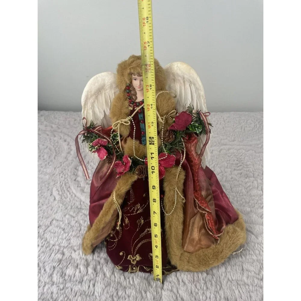 Vtg Christmas Angel Tree Topper Burgundy Gold Faux Fur Coat 16
